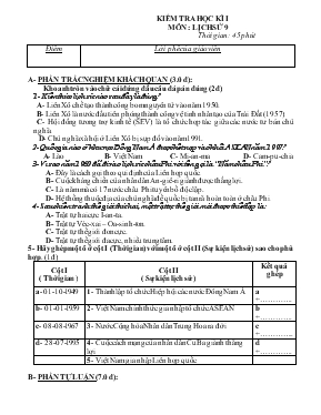 Kiểm tra học kì 1 môn  lịch sử 9 thời gian  45 phút
